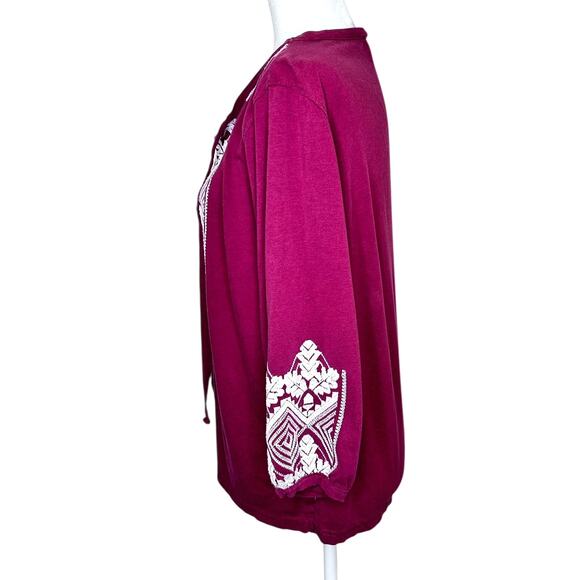 J. Crew Maroon Embroidered Tie Neck Tencel Cotton 3/4 Sleeve Tunic Top - Picture 3 of 8